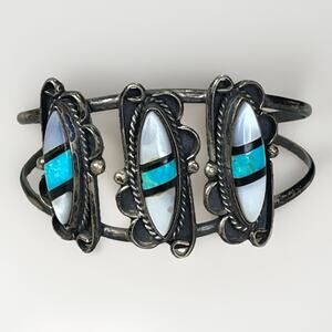 Vintage Zuni Sterling Silver Turquoise Mother of Pearl Black Onyx Inlay Cuff
